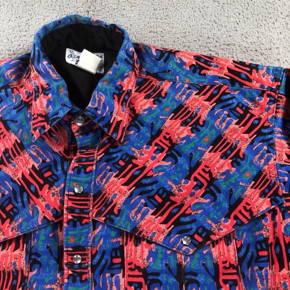 VTG Rockmount Shirt Mens M Red Blue Oversized Cape Western Pearl Snap Ranch USA - Picture 2 of 16